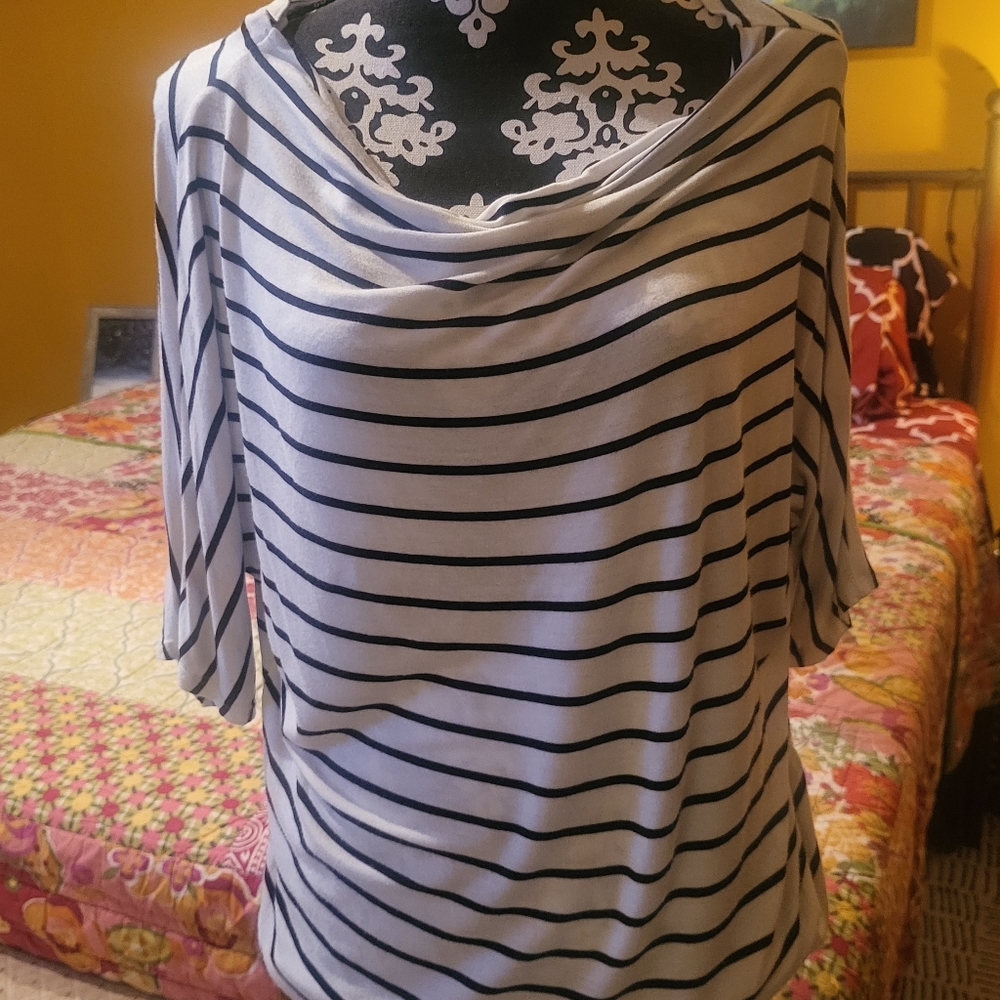 Navy & white striped short-sleeved, loose neck cotton shirt